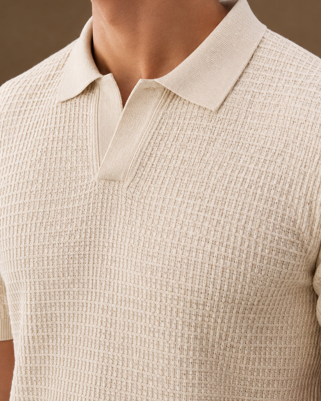 Textured Open-Placket Short-Sleeve Knitted Polo T-Shirt in Ecru