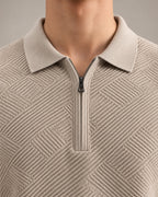 Geometric Textured Knit Zip Collar T-Shirt for Men
