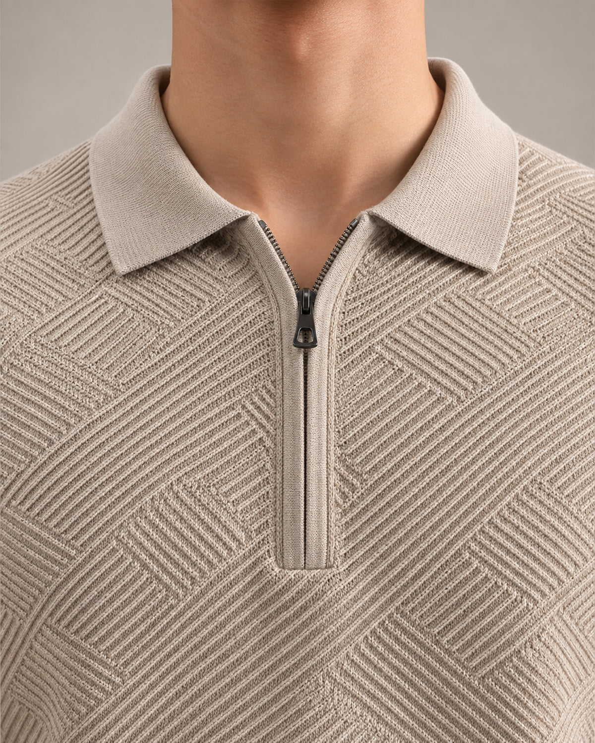 Geometric Textured Knit Zip Collar T-Shirt for Men