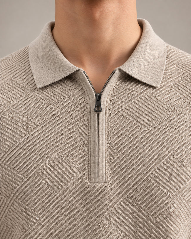 Geometric Textured Knit Zip Collar T-Shirt for Men Main Image