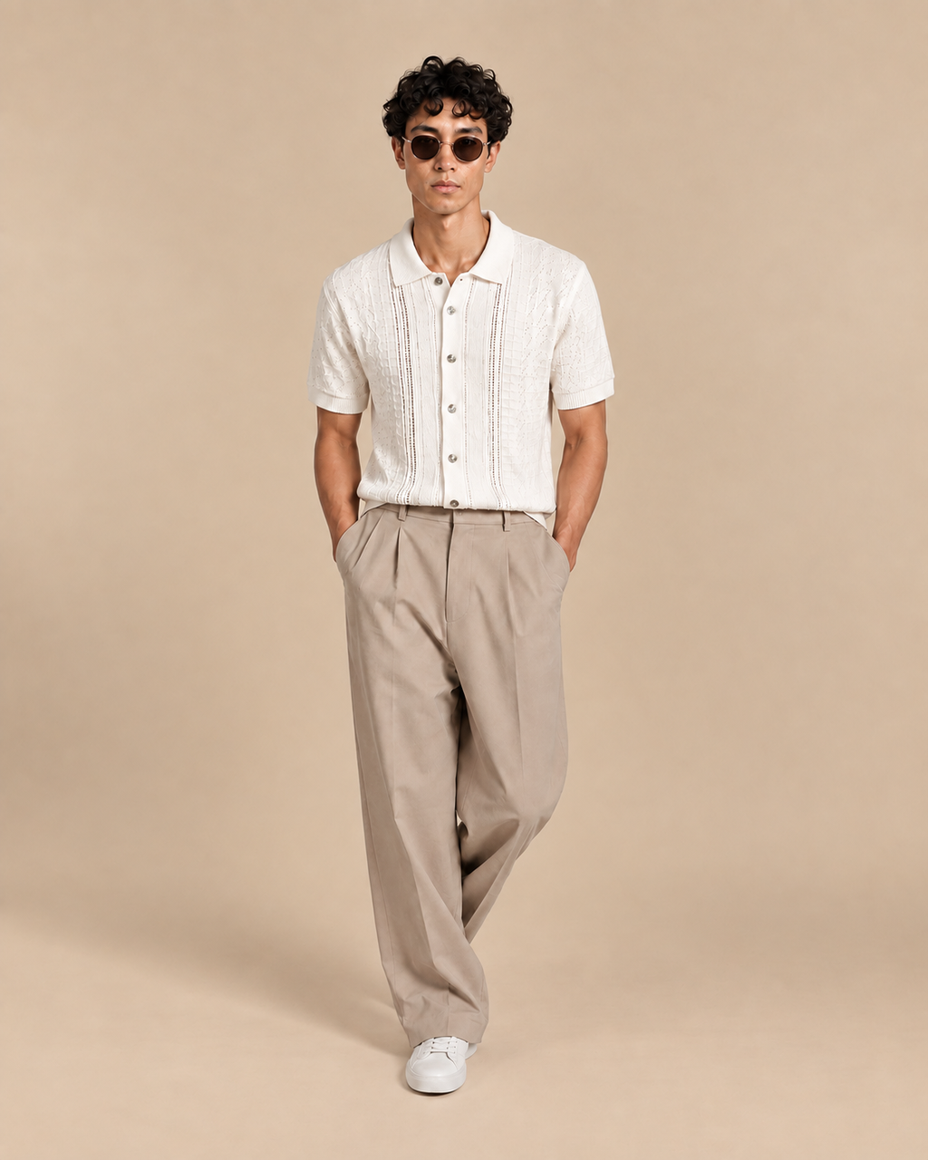 Ivory Diamond Knit 100% Cotton Button Front Short Sleeve Polo for Men