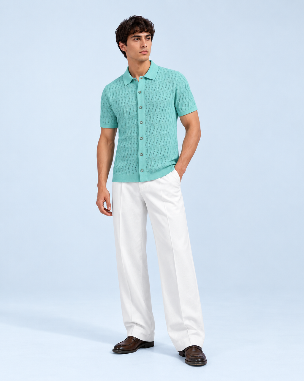 Mint Green Textured Knit Short Sleeve Button Front Polo for Men