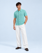 Mint Green Textured Knit Short Sleeve Button Front Polo for Men