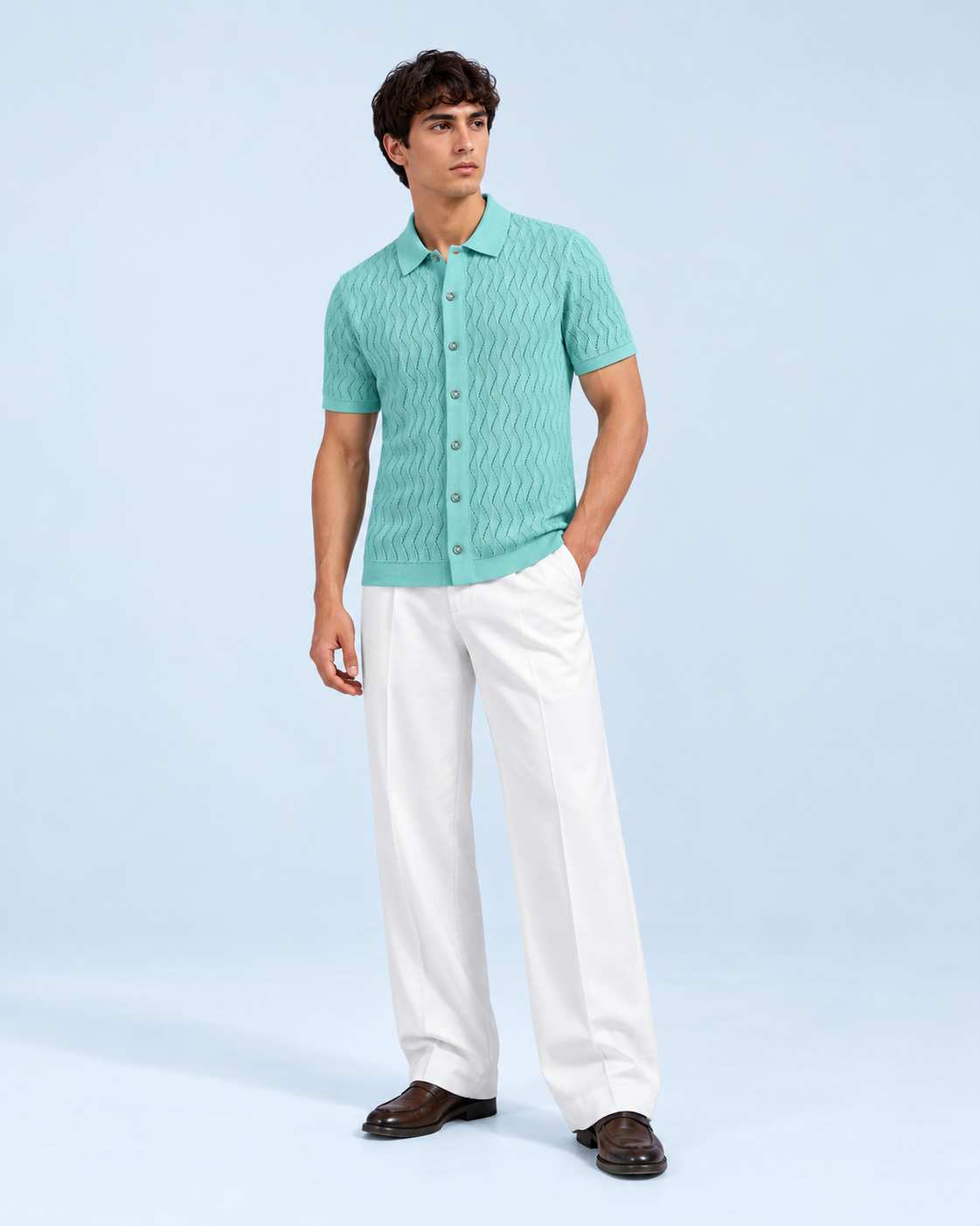 Mint Green Textured Knit Short Sleeve Button Front Polo for Men