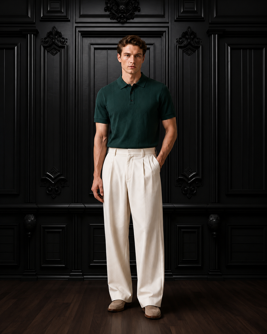 Men's Emerald Green Textured Cable-Knit Polo Shirt