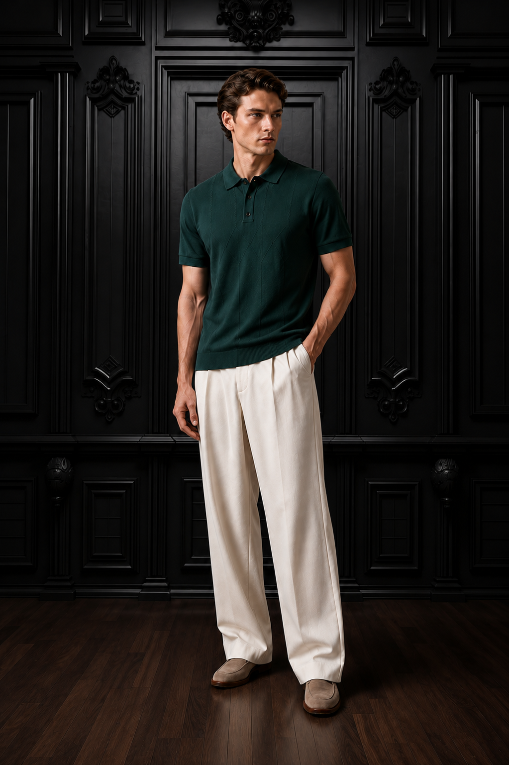 Men's Emerald Green Textured Cable-Knit Polo Shirt