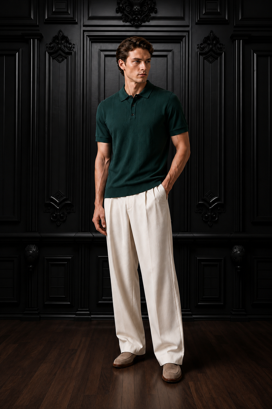 Men's Emerald Green Textured Cable-Knit Polo Shirt