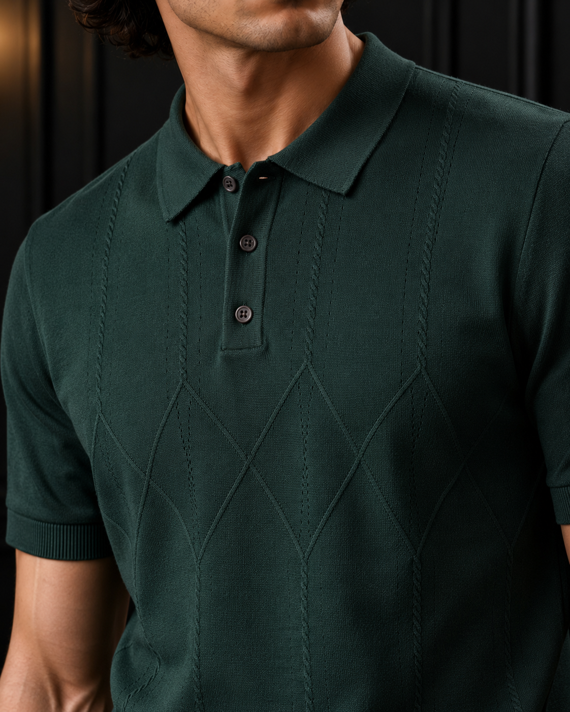 Men's Emerald Green Textured Cable-Knit Polo Shirt