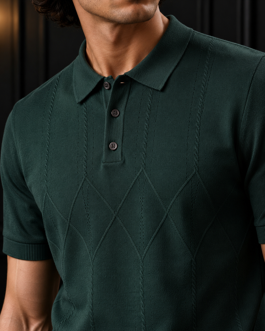 Men's Emerald Green Textured Cable-Knit Polo Shirt