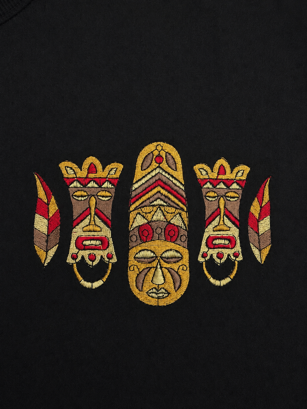Black Heavyweight Cotton Drop-Shoulder Tee with Aztec Mask Embroidery