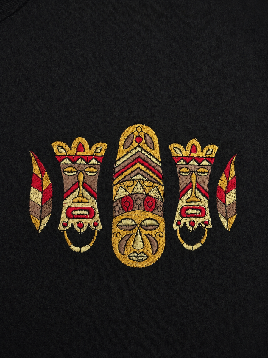 Black Heavyweight Cotton Drop-Shoulder Tee with Aztec Mask Embroidery