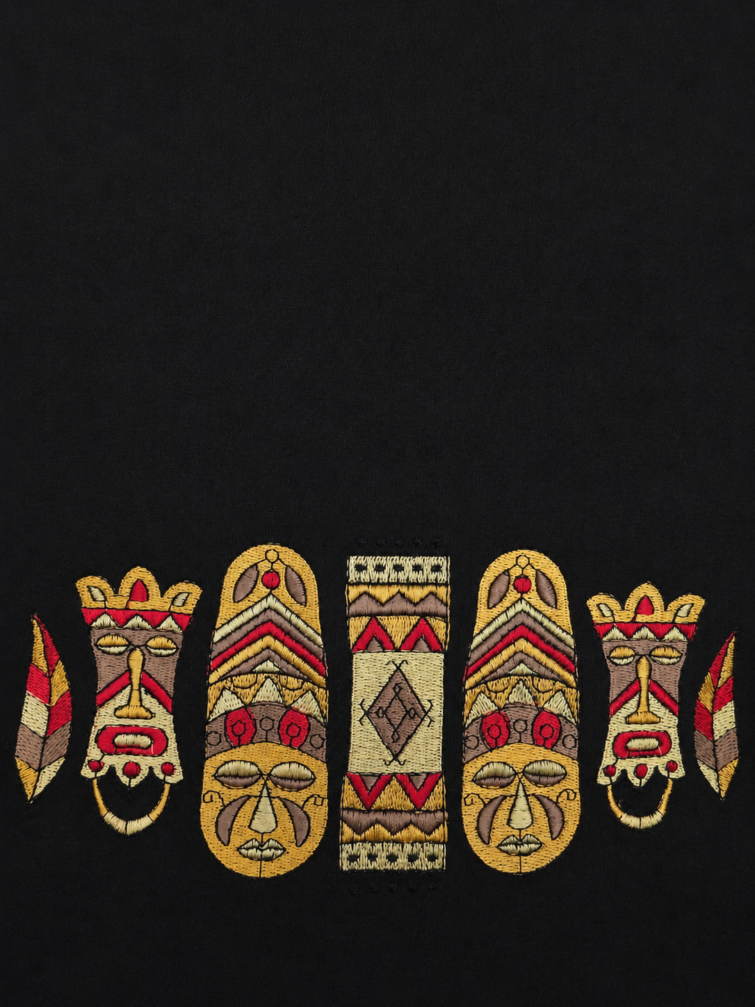 Black Heavyweight Cotton Drop-Shoulder Tee with Aztec Mask Embroidery