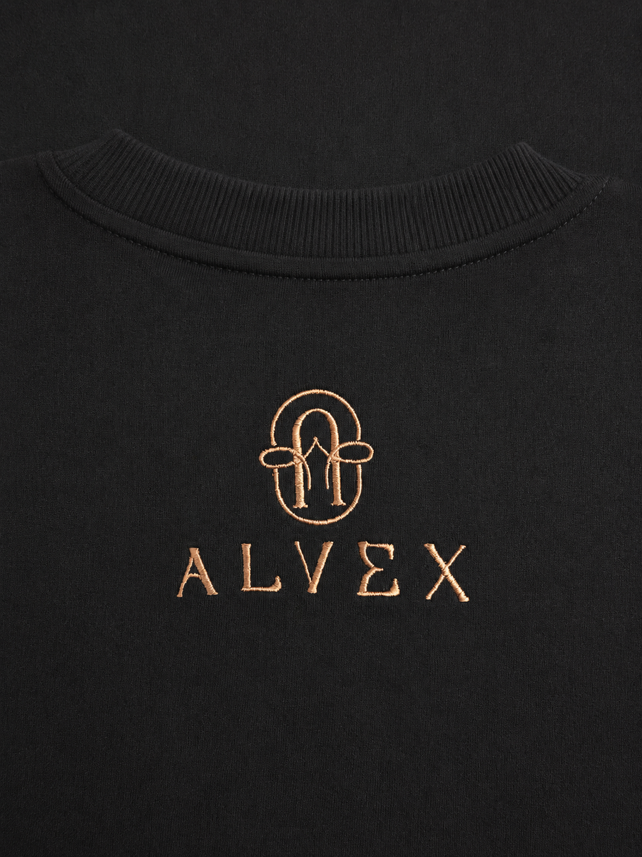 Black Heavyweight Cotton Drop-Shoulder Tee with Aztec Mask Embroidery